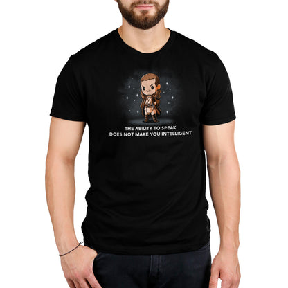 A man wearing an officially licensed Star Wars black t-shirt with the cartoon character "The Ability To Speak Does Not Make You Intelligent" on it.