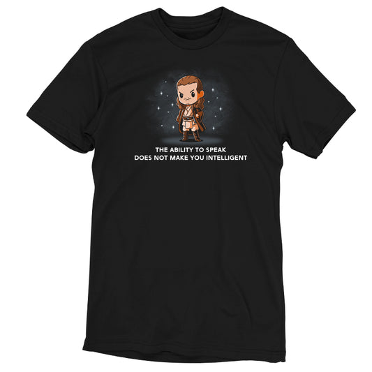 An officially licensed black t-shirt featuring a super soft ringspun cotton fabric and an image of a boy wearing The Ability To Speak Does Not Make You Intelligent Star Wars t-shirt.