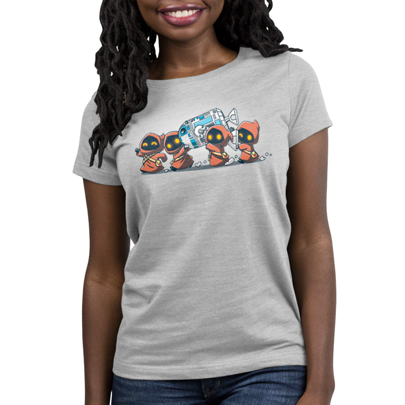 A Unisex tee with two official licensed Star Wars R2-D2 cartoon characters on it - The Jawas' Bounty.