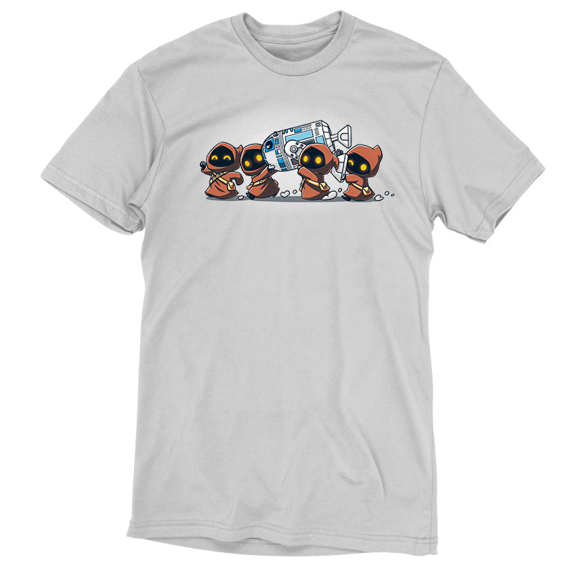 A white t-shirt with a group of officially licensed Star Wars characters, including R2-D2, known as The Jawas' Bounty by Star Wars.