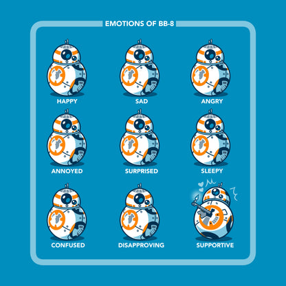 The emotions of the Many Moods of BB-8 droid in a Star Wars T-shirt.