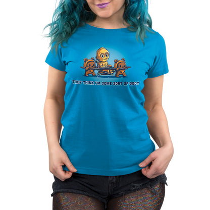 A woman wearing a blue t-shirt with an image of a golden eagle, featuring officially licensed Star Wars products.
