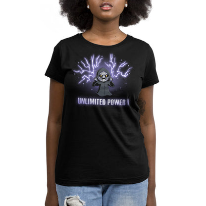 A woman wearing an officially licensed Star Wars UNLIMITED POWER! men's t-shirt.