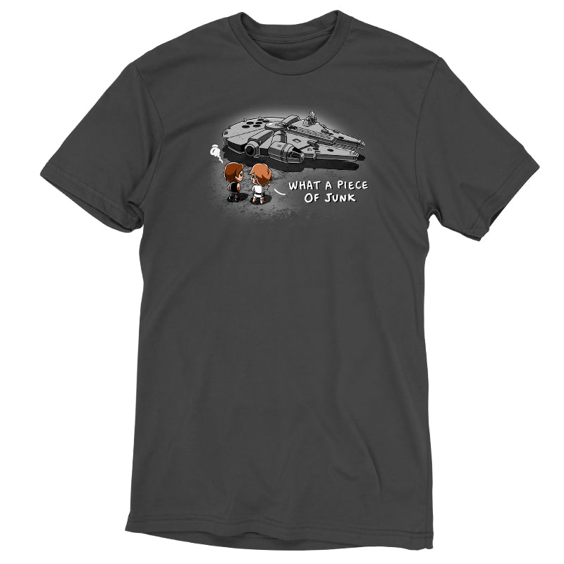 An officially licensed Star Wars "What A Piece of Junk" charcoal gray t-shirt featuring Luke Skywalker and Han Solo.