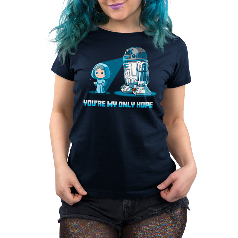 A women's licensed t-shirt featuring an image of Star Wars' R2-D2, "You're My Only Hope" by Star Wars.