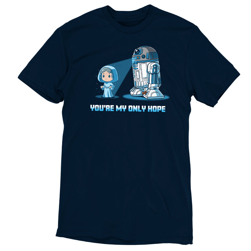 An officially licensed Star Wars t-shirt featuring the product "You're My Only Hope" and a droid.