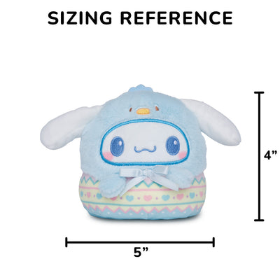 Easter Egg Cinnamoroll 4" Reversible Plushie with a sizing reference of 4 inches in height