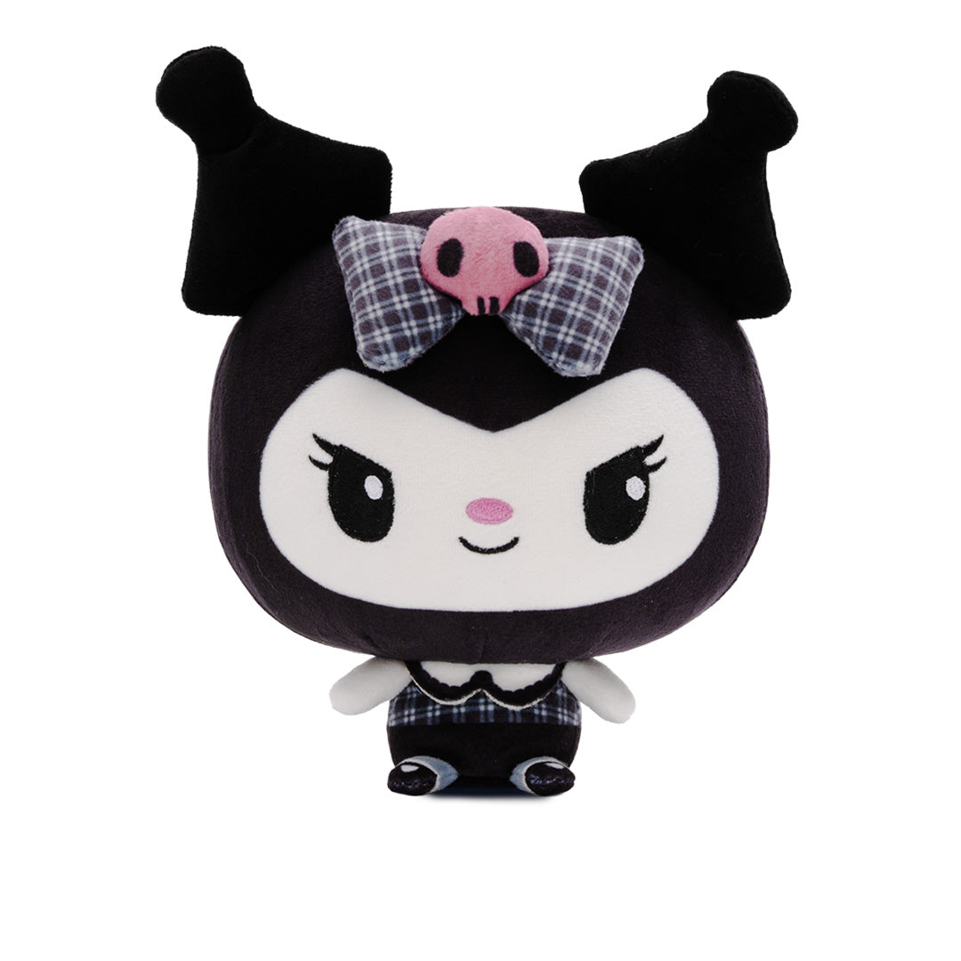 A Kuromi Cloudheads plushie toy with black hair and ears, a white face, a pink skull accent on a plaid bow, and a plaid outfit with a fancy collar on her tiny body, shown on a white background 