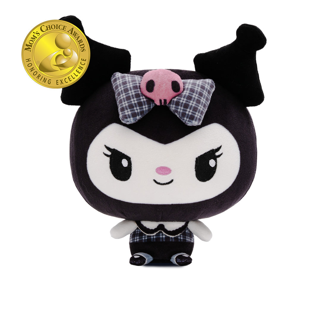 A Kuromi Cloudheads plushie toy with black hair and ears, a white face, a pink skull accent on a plaid bow, and a plaid outfit with a fancy collar on her tiny body, shown on a white background with a gold Mom's Choice Awards badge in the top left.