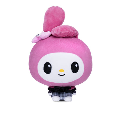 A pink My Melody plushie with a white face, black eyes, a small yellow nose, and a black-and-white plaid skirt, shown on a plain white background. 