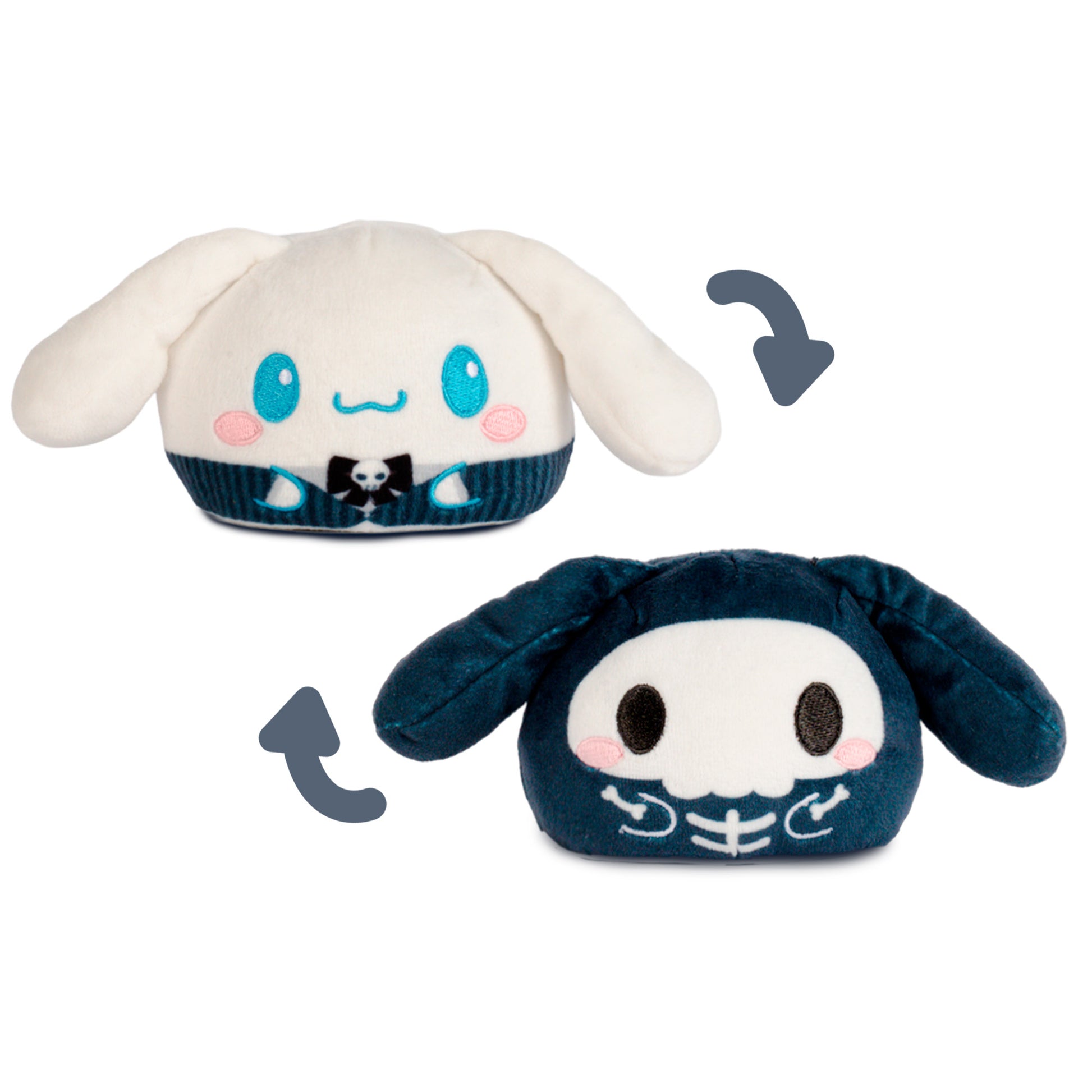 cinnamoroll, reversible plush, dressed up in a cool Halloween plaid suit and can flip to be a full skeleton.