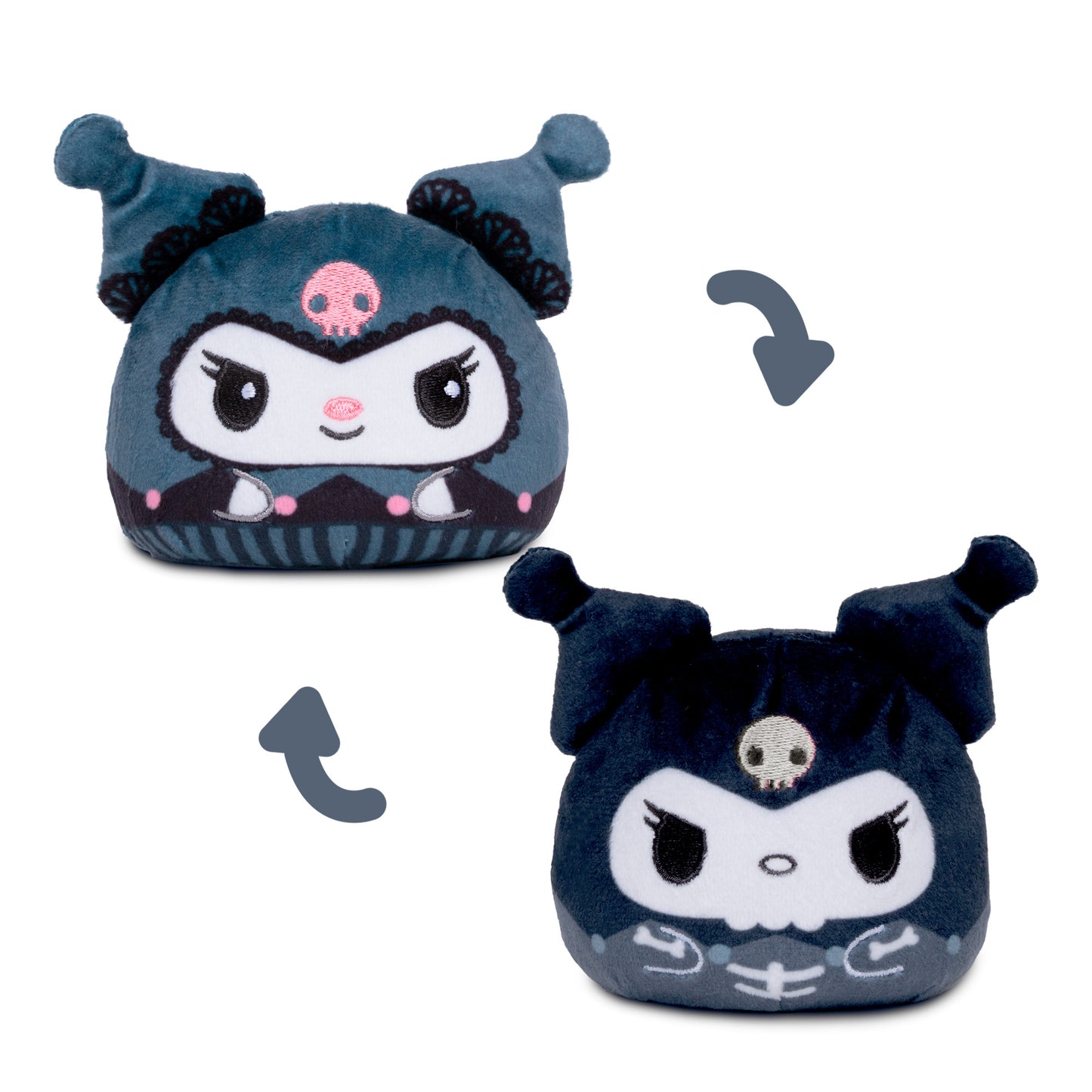 Kuromi reversible plush. The plush is dark blue-gray with a white face, black details, and a small pink skull on its hat.