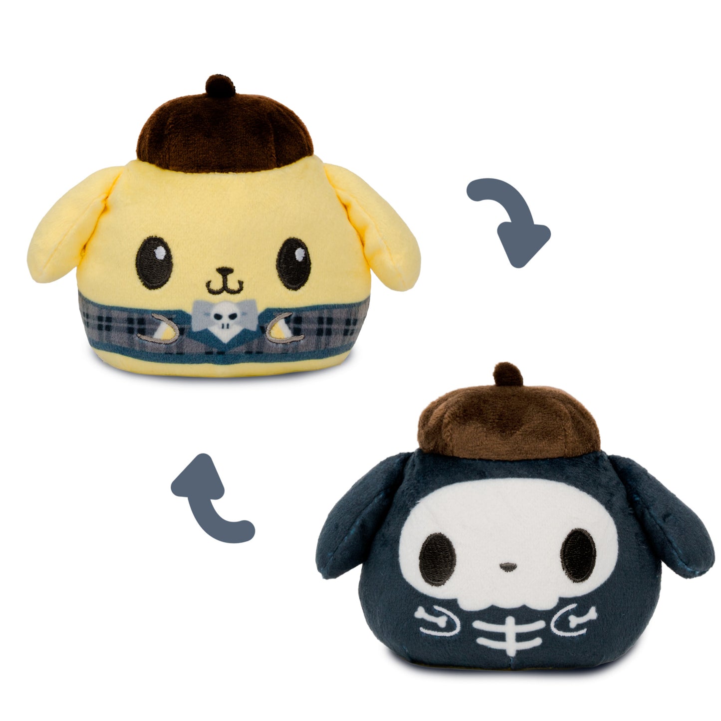  pom-pom purin reversible plush, one side, wearing a tweed suit with a small bowtie and the other side dressed up as a full skeleton