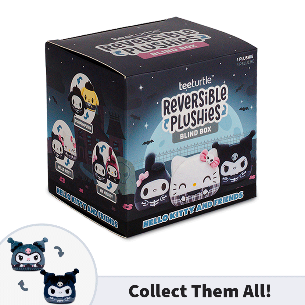A TeeTurtle Reversible Plushie blind box featuring Sanrio characters in spooky skeleton or Halloween plaid outfits, with each character highlighted in the lower left corner of the gif