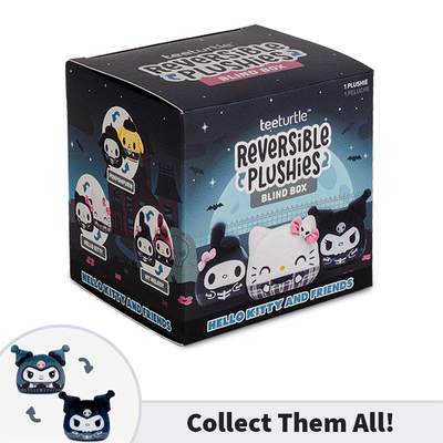 A TeeTurtle Reversible Plushie blind box featuring Sanrio characters in spooky skeleton or Halloween plaid outfits, with each character highlighted in the lower left corner of the gif