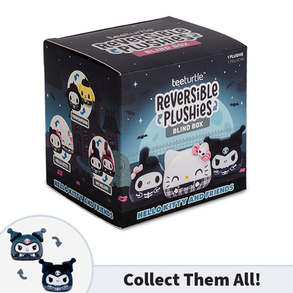 A TeeTurtle Reversible Plushie blind box featuring Sanrio characters in spooky skeleton or Halloween plaid outfits, with each character highlighted in the lower left corner of the gif
