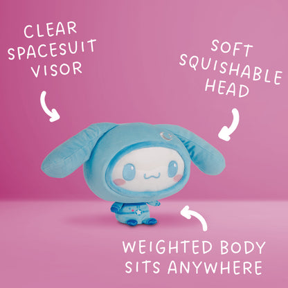 Blue Cinnamoroll plush sitting upright with long floppy ears, a white face, pink cheeks, and a blue outfit.