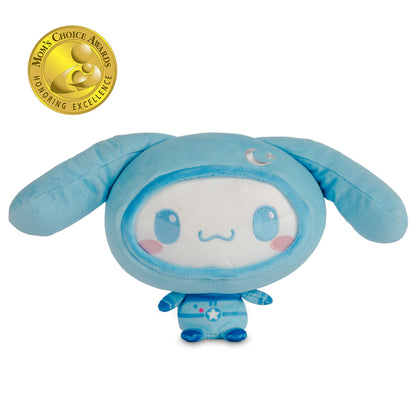Blue Cinnamoroll plush with long floppy ears, a white face, pink cheeks, and a small blue outfit, shown against a white background.