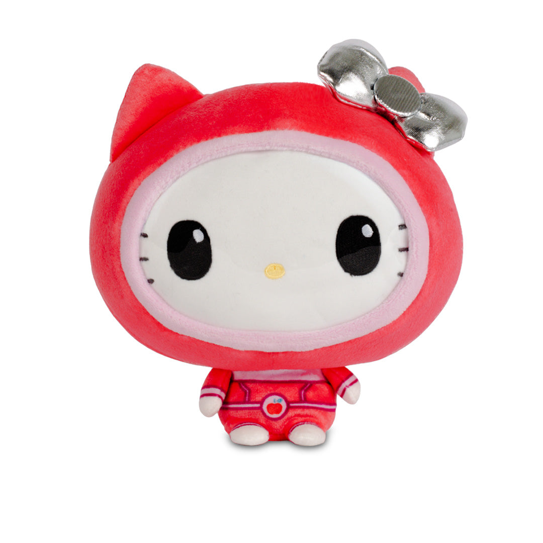 Sanrio-Space-Cloudheads-Site-Comp-Hello-Kitty-Front Hello Kitty plush wearing a red space-themed outfit and hood with a silver bow.