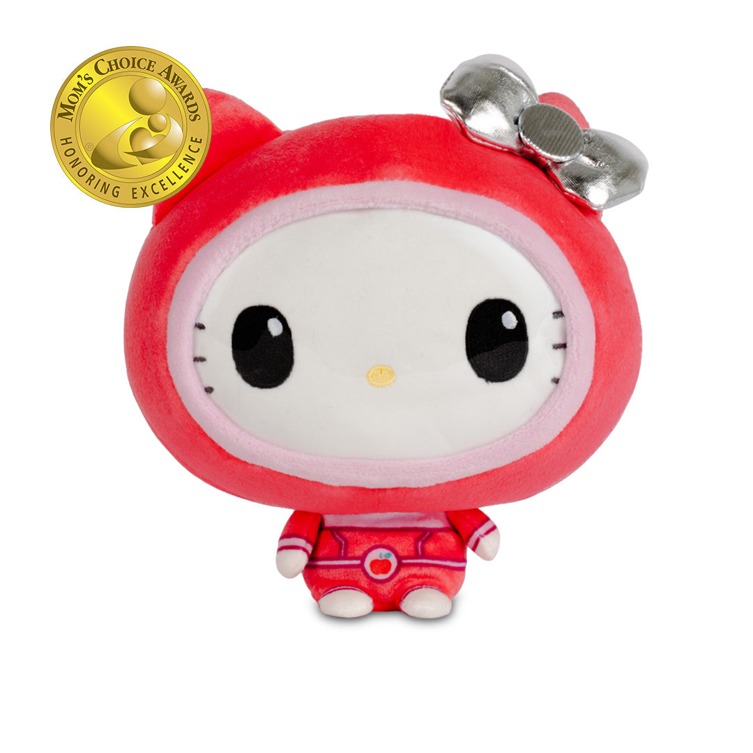 Hello Kitty plush wearing a bright red spacesuit with a red cat-ear hood, silver bow, and white face, shown against a white background.