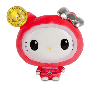Hello Kitty plush wearing a bright red spacesuit with a red cat-ear hood, silver bow, and white face, shown against a white background.