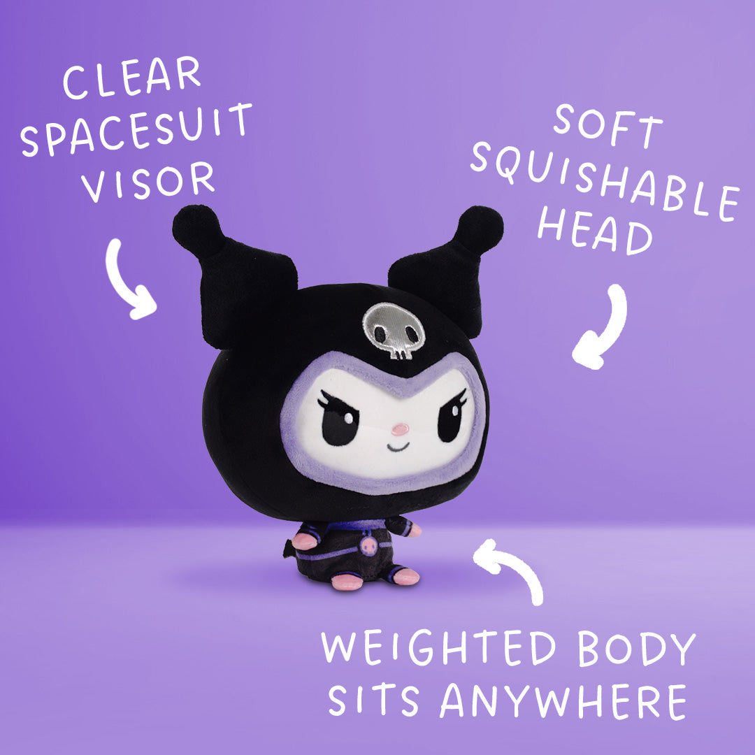 Angled view of a Kuromi plush in a black spacesuit with a black jester-style hood, purple trim, and a rounded weighted body.