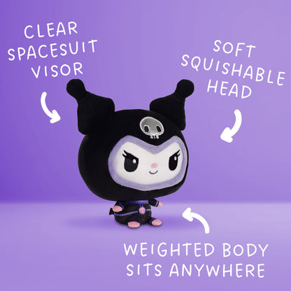 Angled view of a Kuromi plush in a black spacesuit with a black jester-style hood, purple trim, and a rounded weighted body.