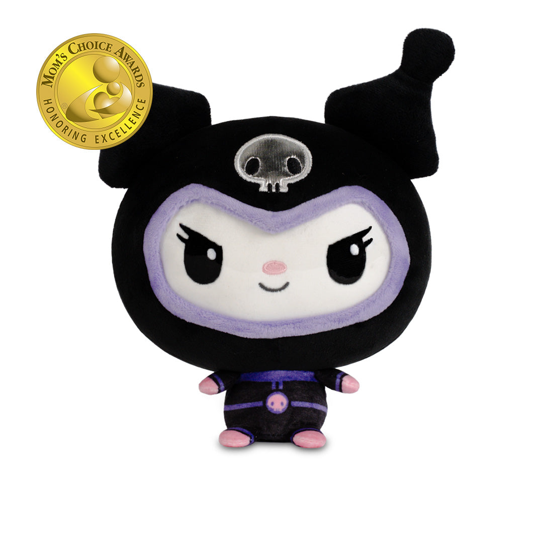 Kuromi plush wearing a black spacesuit with a black jester-style hood, purple trim, a silver skull emblem, and pink accents, shown against a white background.
