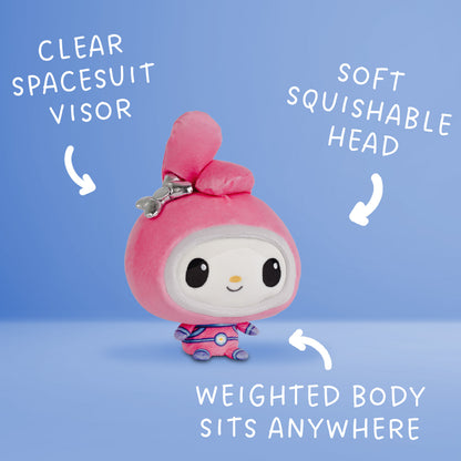 Front view of a My Melody plush wearing a pink spacesuit with a large upright ear, silver bow, and colorful purple-and-blue outfit.