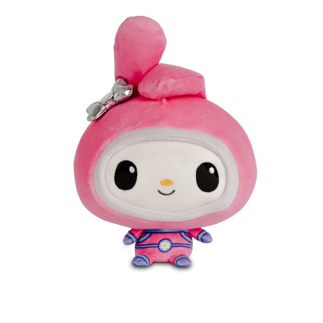 Sanrio-Space-Cloudheads-Site-Comp-My-Melody-Front My Melody plush wearing a pink hood and colorful space-themed outfit with purple and blue details.