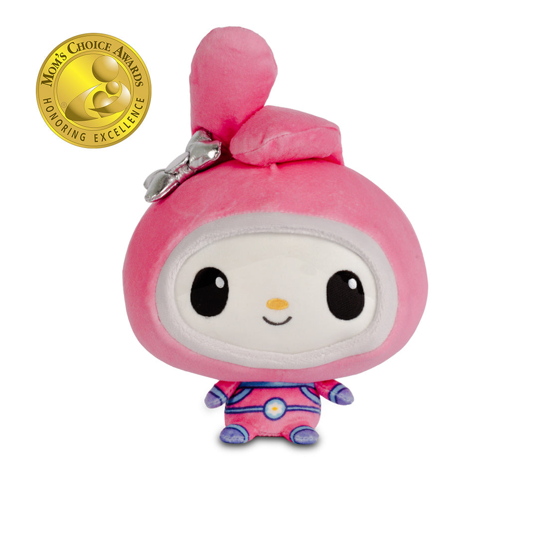 My Melody plush wearing a bright pink spacesuit with a pink hood, large upright ear, silver bow, and purple-and-blue outfit, shown against a white background.