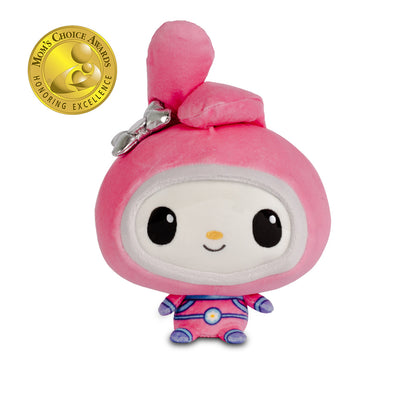 My Melody plush wearing a bright pink spacesuit with a pink hood, large upright ear, silver bow, and purple-and-blue outfit, shown against a white background.