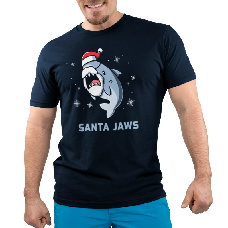 A man wearing a Navy Blue TeeTurtle Santa Jaws t-shirt, a TeeTurtle original design.