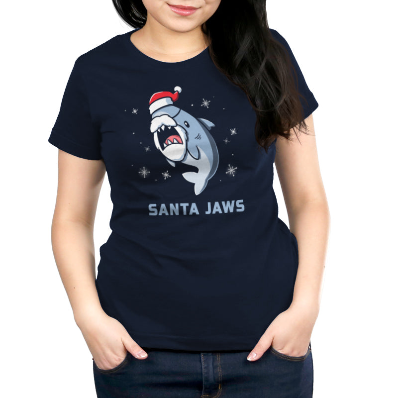 TeeTurtle's Santa Jaws navy blue women's t-shirt, a TeeTurtle original.