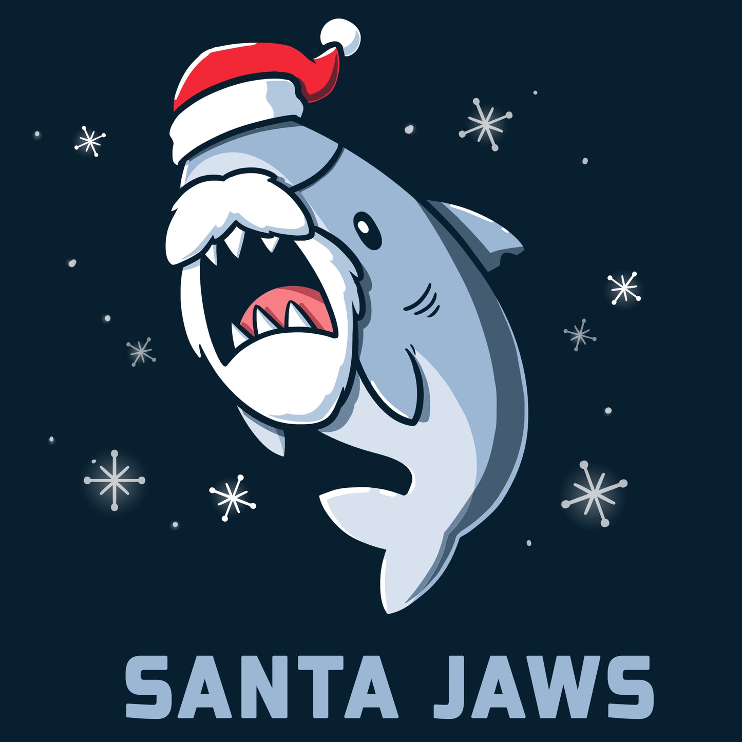 A TeeTurtle original, Santa Jaws by TeeTurtle, wearing a navy blue hat adorned with snowflakes.