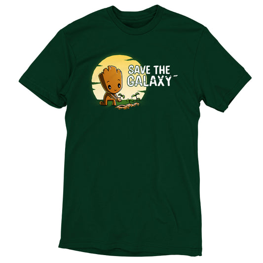 An officially licensed Save the Galaxy Groot T-shirt in forest green from Marvel.