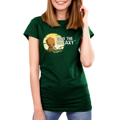 A woman wearing an officially licensed Marvel Groot T-shirt declares herself the Save the Galaxy giant.