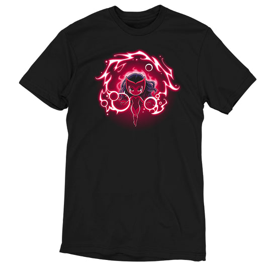 An officially licensed Marvel black t-shirt featuring an image of a flaming skull, called the Scarlet Witch.