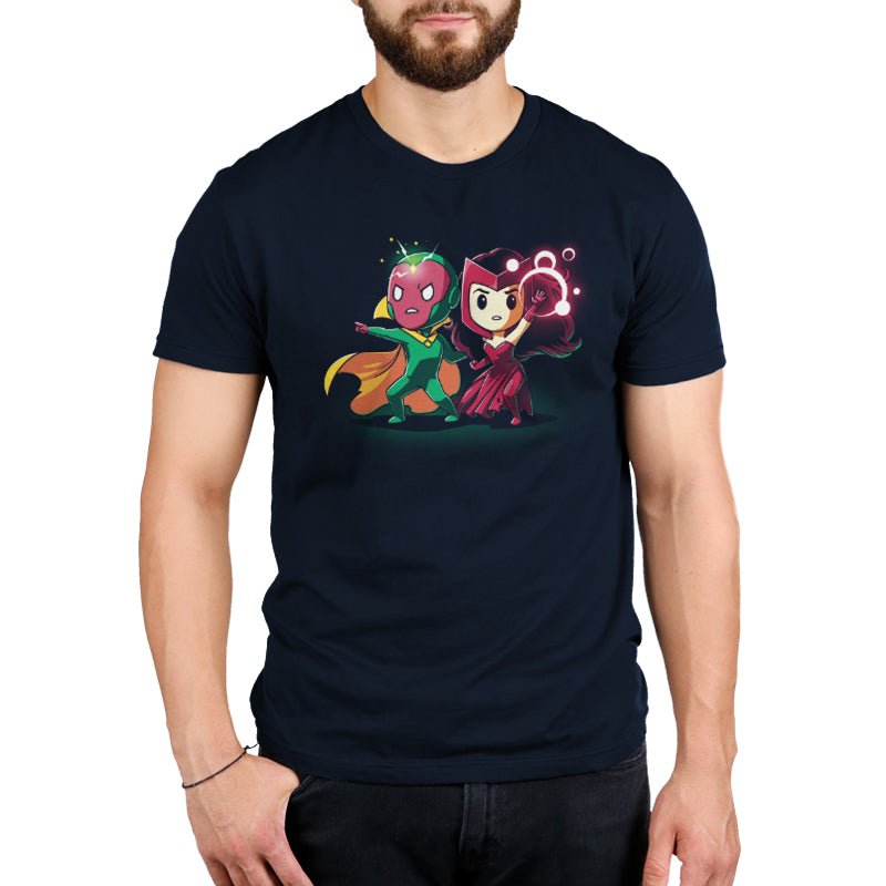 A Marvel Vision and Scarlet Witch-themed men's t-shirt.