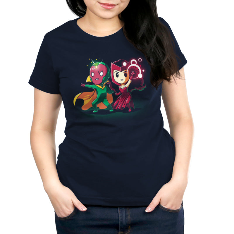 A Marvel-themed women's t-shirt featuring the product name "Vision and Scarlet Witch" and brand name "Marvel".