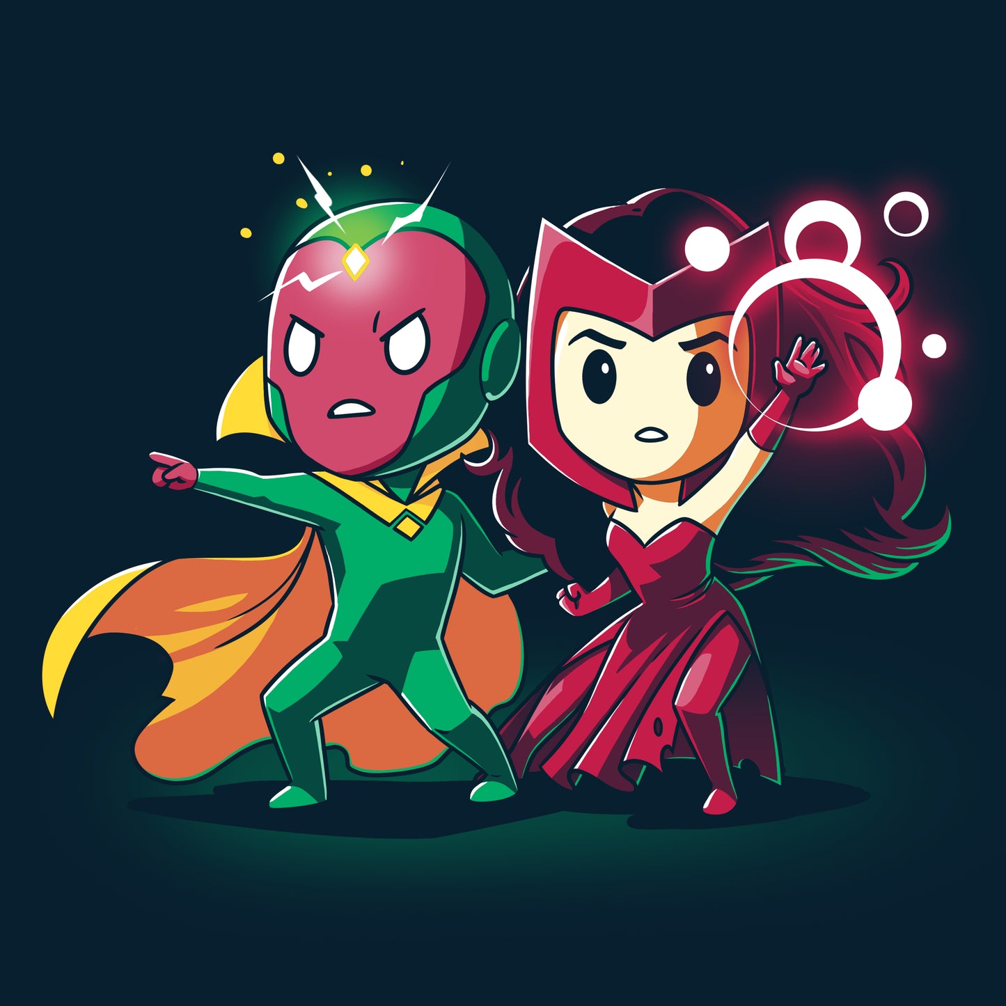Two Marvel superheroes, Vision and Scarlet Witch, standing together wearing Marvel T-shirts.