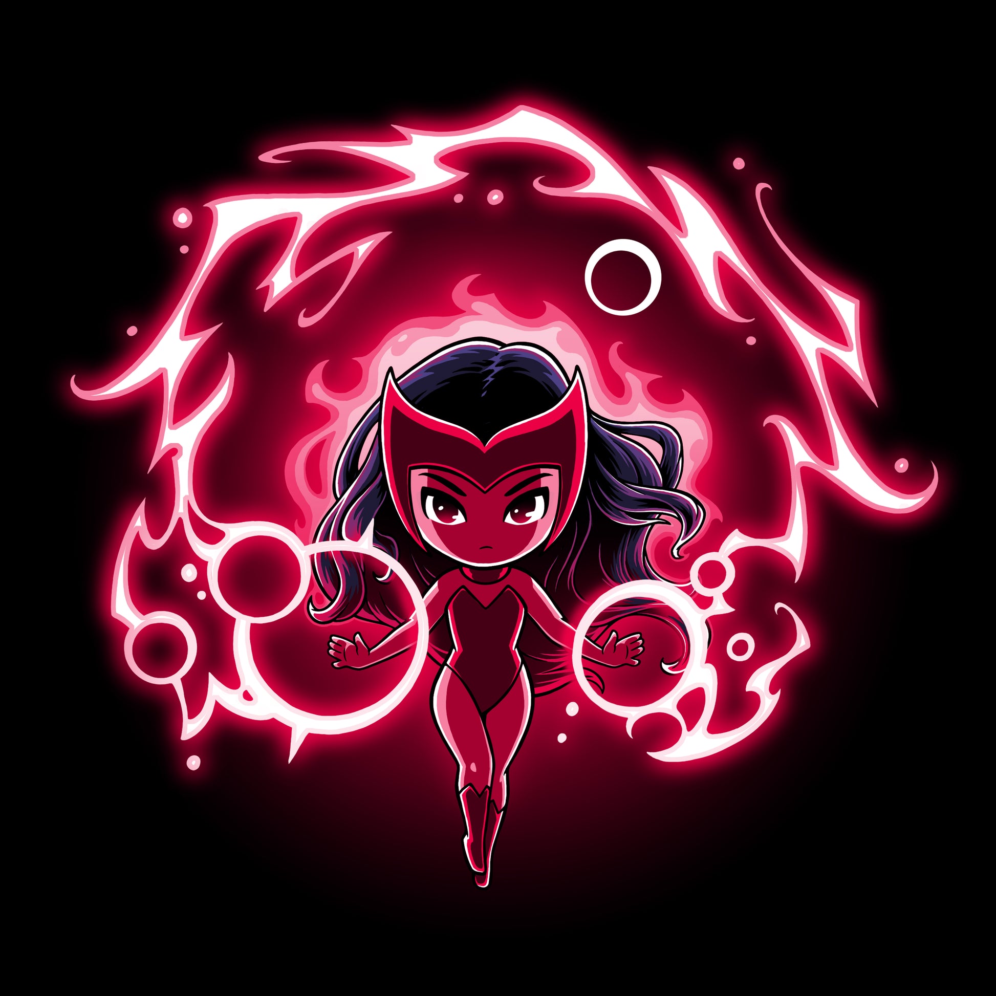 A black and red image of a woman in a red dress displaying Chaos magic on a Marvel Scarlet Witch T-shirt.