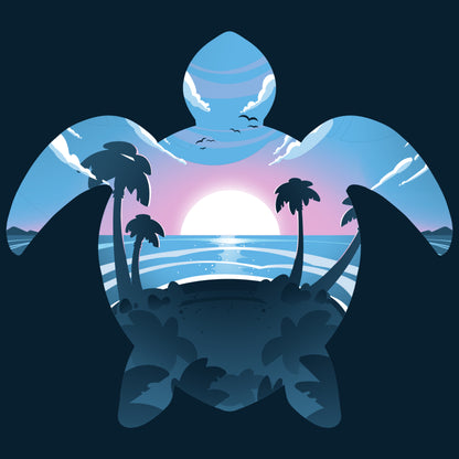 A TeeTurtle Sea Turtle on a beach with palm trees in the background.