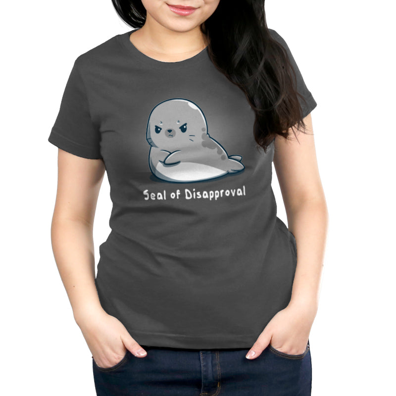 A woman wearing a TeeTurtle Seal of Disapproval T-shirt.
