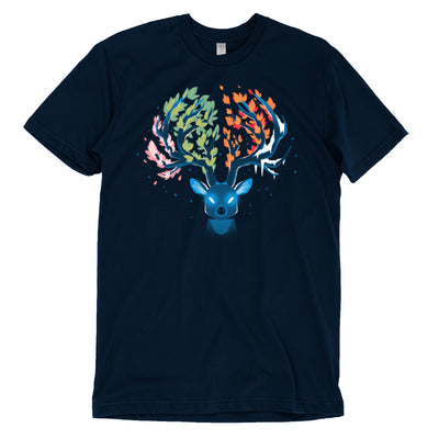 Premium Cotton T-shirt_TeeTurtle navy blue Seasonal Stag featuring a stylized stag with glowing eyes and the tines of its horns covered in leaves of various colors as well as frost, representing each of nature's four seasons.