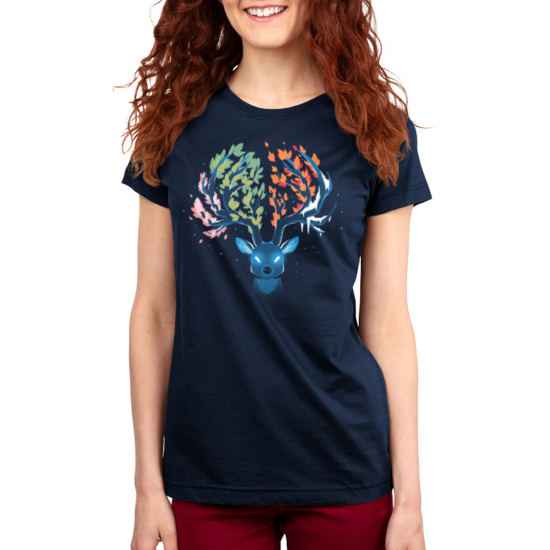 Premium Cotton T-shirt_Teeturtle Seasonal Stag Navy Blue Featuring a stylized stag with glowing eyes and the tines of its horns covered in leaves of various colors as well as frost, representing each of nature's four seasons.