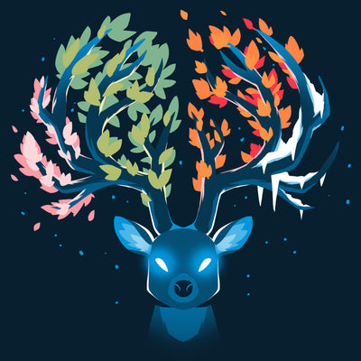Premium Cotton T-shirt_TeeTurtle navy blue Seasonal Stag featuring a stylized stag with glowing eyes and the tines of its horns covered in leaves of various colors as well as frost, representing each of nature's four seasons.