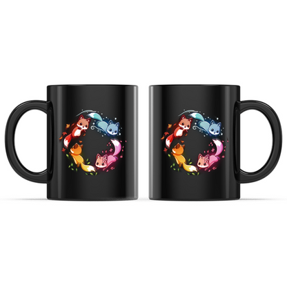 Ceramic Mug_TeeTurtle Seasonal Foxes Mug black mug featuring four adorable foxes representing the seasons arranged in a circle, with autumn leaves, winter snow, spring blossoms, and summer greenery trailing behind them.