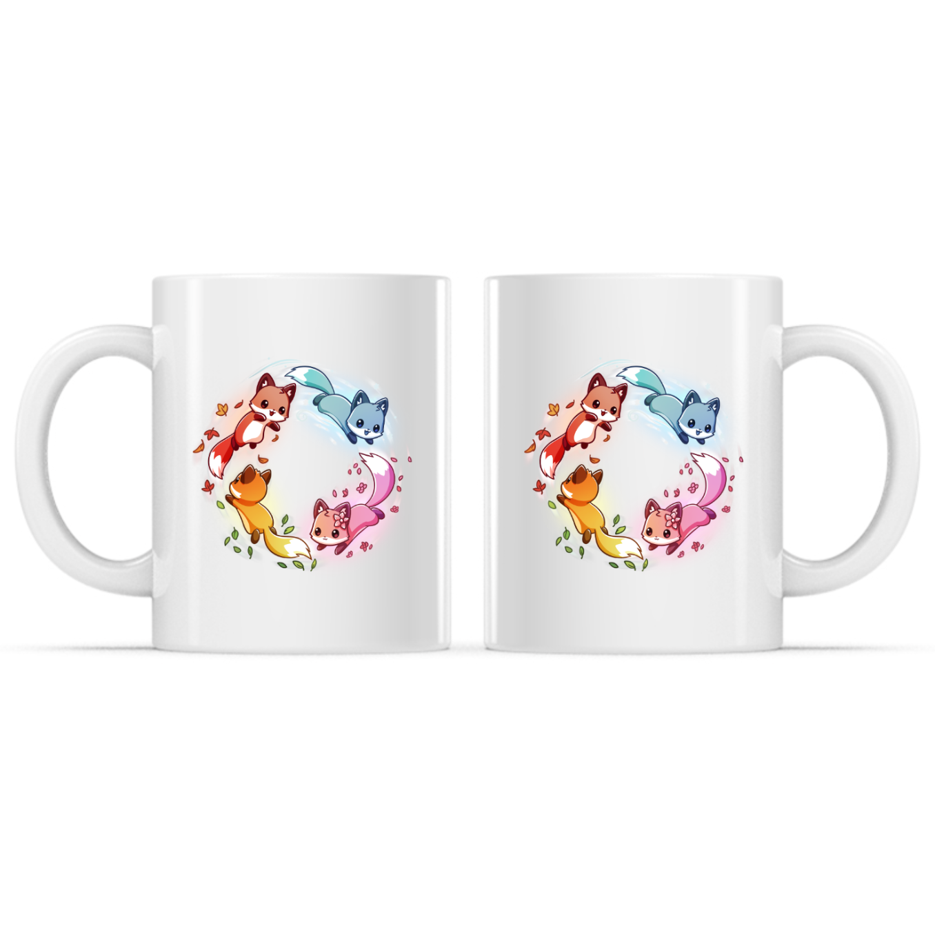 Ceramic Mug_TeeTurtle Seasonal Foxes Mug white mug featuring four adorable foxes representing the seasons arranged in a circle, with autumn leaves, winter snow, spring blossoms, and summer greenery trailing behind them.