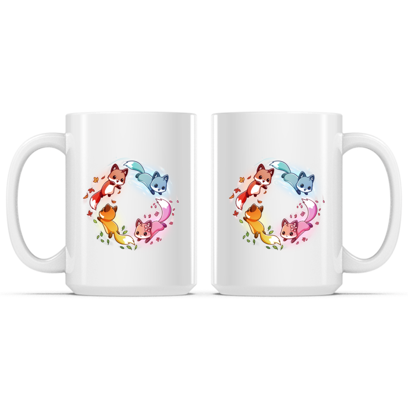 Ceramic Mug_TeeTurtle Seasonal Foxes Mug white mug featuring four adorable foxes representing the seasons arranged in a circle, with autumn leaves, winter snow, spring blossoms, and summer greenery trailing behind them.